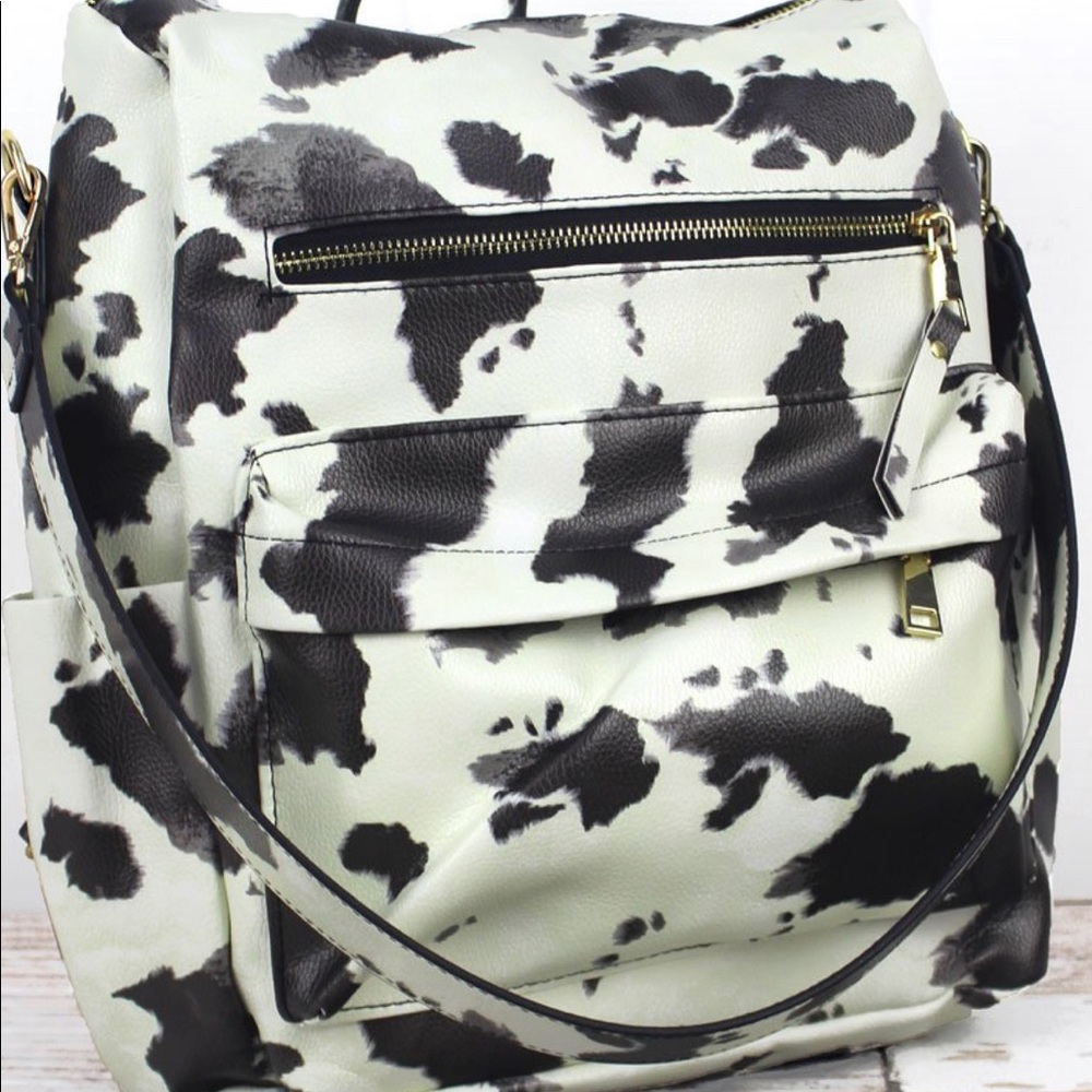 Vegan Leather Cow Print Backpack Tote